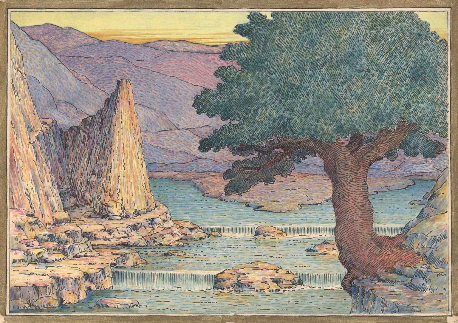 A stylized river gorge illustrated with fine pen-and-ink hatch lines and soft watercolor: terraced rapids flow between layered rock formations beneath a large, gnarled tree.