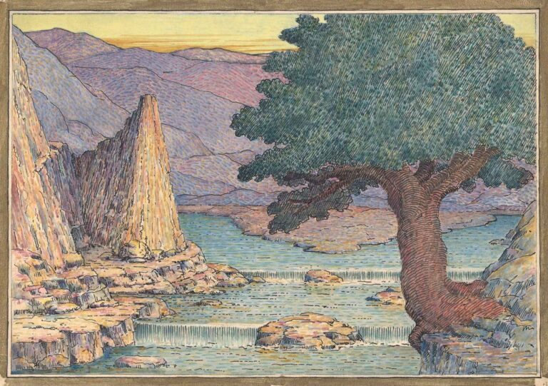 A stylized river gorge illustrated with fine pen-and-ink hatch lines and soft watercolor: terraced rapids flow between layered rock formations beneath a large, gnarled tree.