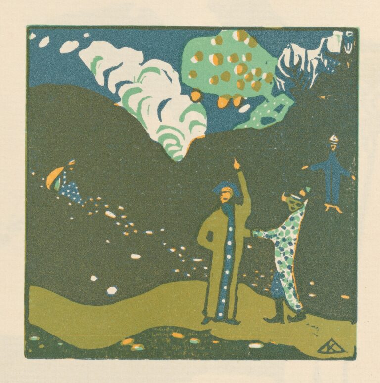 Abstract woodcut by Wassily Kandinsky titled “Klänge Pl.23”, showing stylized figures gesturing under surreal green hills and floating clouds with colorful patterns, blending folk imagery and early abstraction in a symbolic, dreamlike landscape.