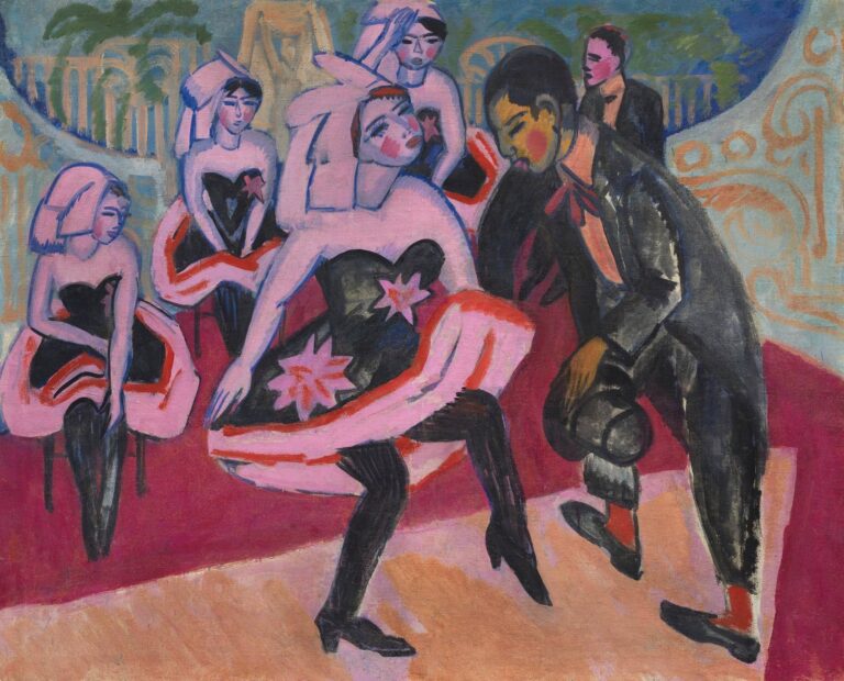 Expressionist painting of Berlin cabaret dancers by Ernst Ludwig Kirchner, showing dynamic movement, bold colors, and theatrical costumes in “Tanz im Varieté” (1911).