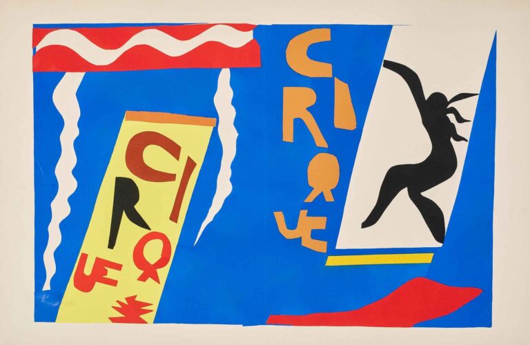 The Circus by Henri Matisse (1947): bold cut-paper shapes on a blue background include a red curved strip at bottom, a yellow panel stamped “CIRQUE,” scattered orange letter shapes, wavy white ribbons, and a black silhouette of a leaping acrobat.
