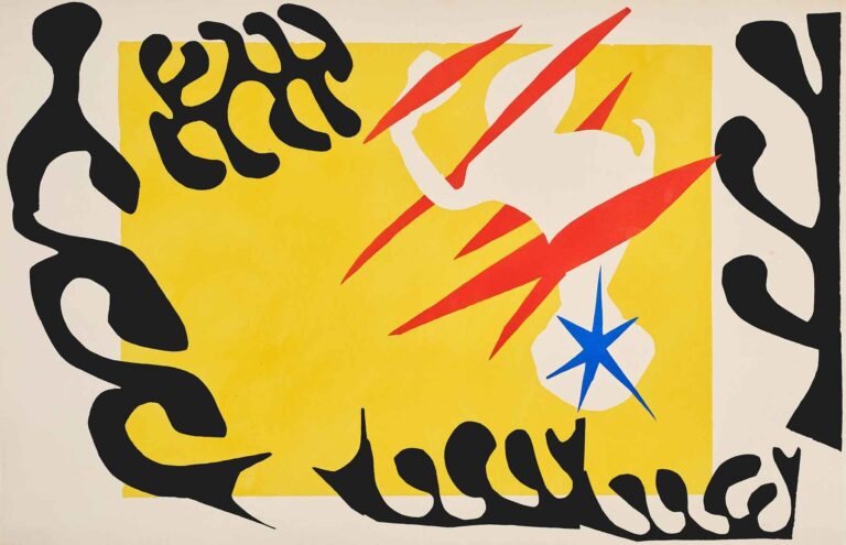 The Nightmare of the White Elephant by Henri Matisse (1947): a large yellow rectangular field occupies the center, overlaid by red angular slashes and a white elephant silhouette near the top; a blue star shape punctuates its flank; black organic cut-paper forms frame all four sides.