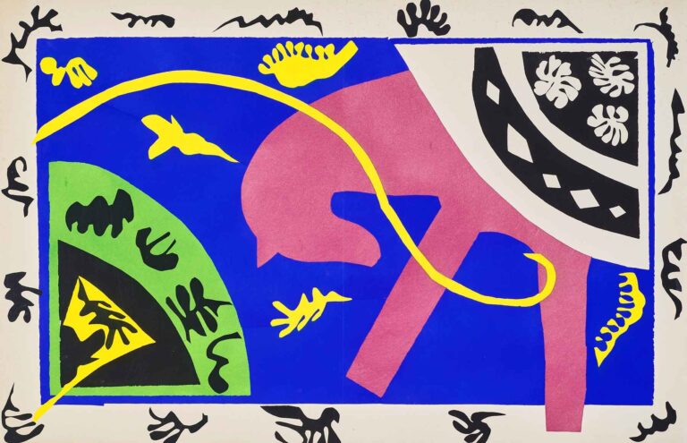 The Horse, the Rider and the Clown by Henri Matisse (1947): cut-paper shapes on a blue rectangle include a rose-pink stylized horse, a yellow curved line suggesting a rider’s whip, black organic motifs hinting at a clown’s flourish, and green and yellow accents at the lower left.