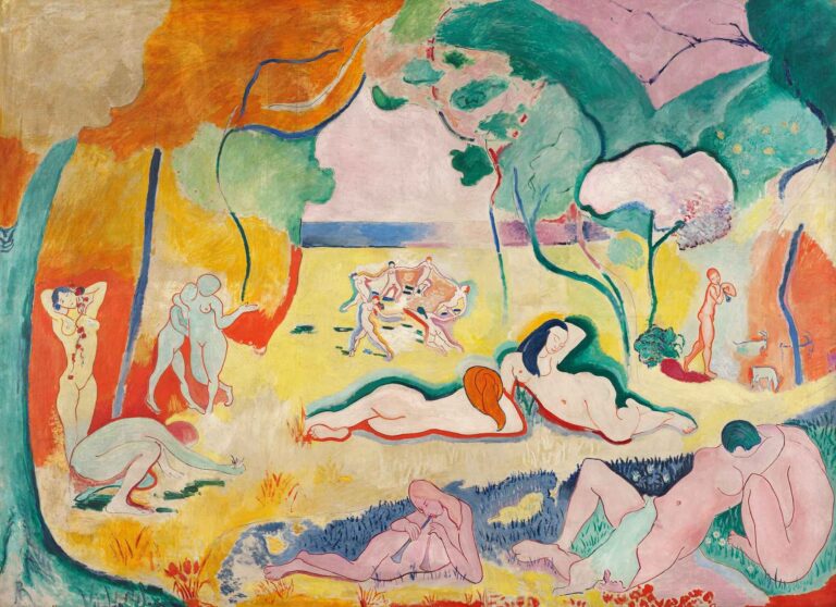 The Joy of Life by Henri Matisse (1905–06): a large canvas showing nude figures dancing in a circle, reclining, and playing instruments amid a brightly colored, abstracted landscape of trees and hills.
