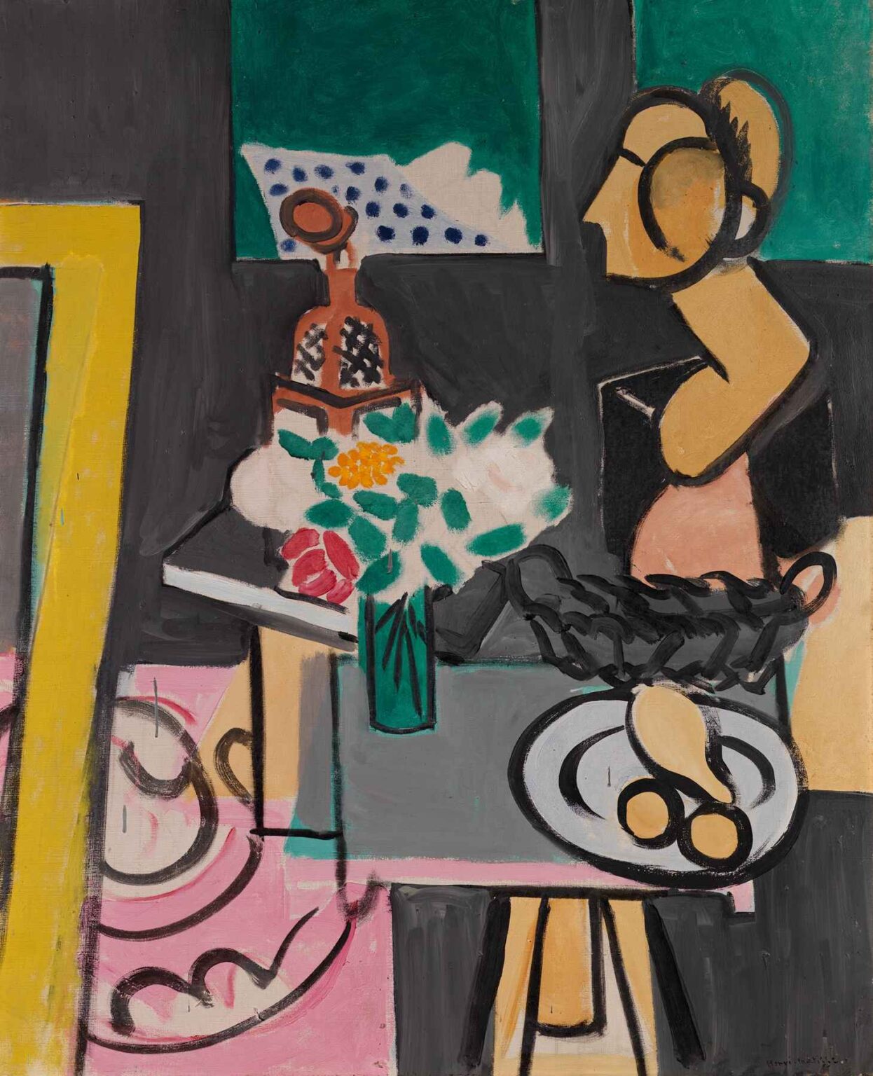 Still Life with Gourds by Henri Matisse (1916): a tabletop arrangement of three curving gourds, a small vase of white and yellow flowers, and a sliced melon, set against contrasting dark and light planes.