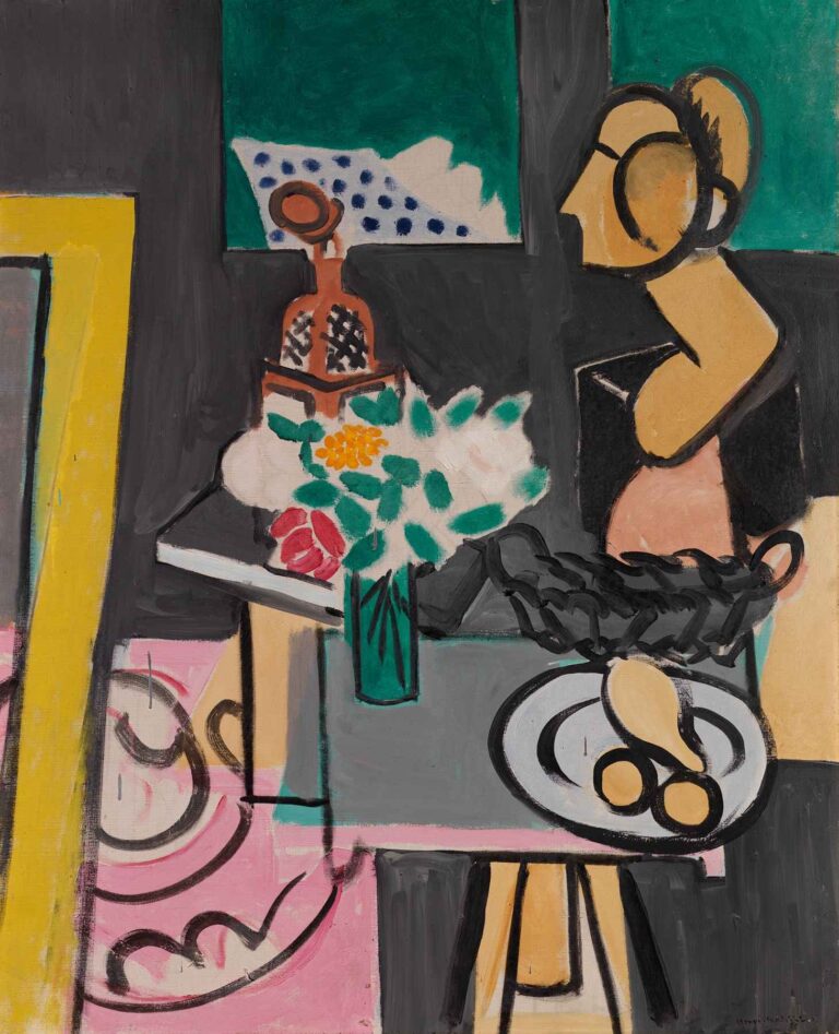 Still Life with Gourds by Henri Matisse (1916): a tabletop arrangement of three curving gourds, a small vase of white and yellow flowers, and a sliced melon, set against contrasting dark and light planes.