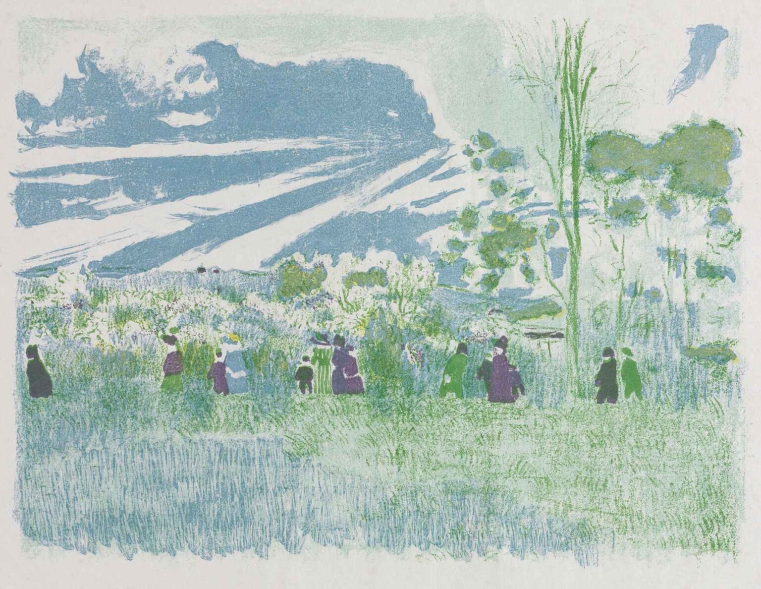 A flattened Post-Impressionist landscape by Édouard Vuillard depicting women and children walking diagonally across a patterned meadow beneath a soft sky, painted with rhythmic brushstrokes in greens, purples, and creams.