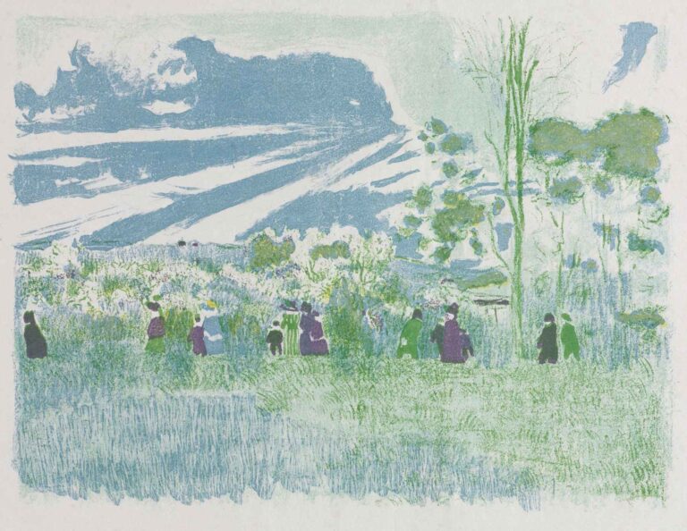 A flattened Post-Impressionist landscape by Édouard Vuillard depicting women and children walking diagonally across a patterned meadow beneath a soft sky, painted with rhythmic brushstrokes in greens, purples, and creams.