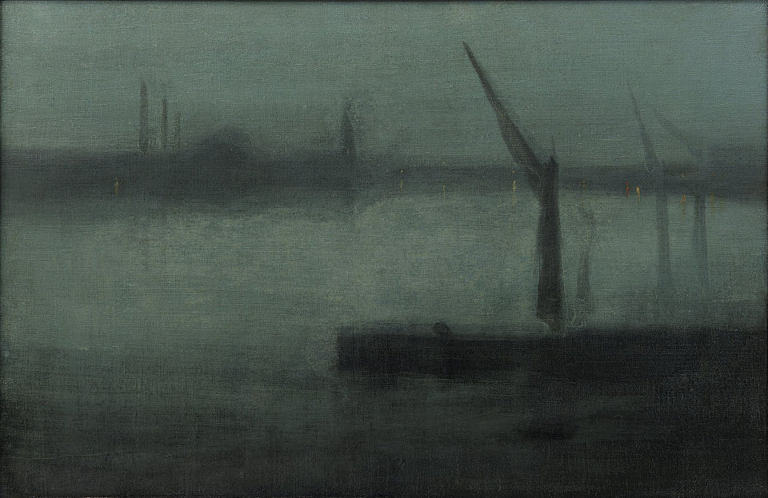 "Nocturne: Blue and Silver—Battersea Reach" by James McNeill Whistler, depicting a misty, minimalist nighttime view of the Thames River. The composition features faint silhouettes of boats, masts, and distant buildings under a soft blue-grey sky, with gentle reflections in the water. A dark barge with a tall angled mast occupies the foreground, evoking a calm, atmospheric mood with subtle tonal variations.