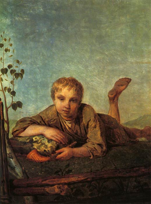 Painting "Shepherd with a Pipe" by Alexey Venetsianov. A young boy lies on his stomach in a grassy field, barefoot and dressed in simple peasant clothing, holding a small pipe in his hands. His gaze meets the viewer with a calm, contemplative expression. A delicate sapling rises nearby under a soft, expansive blue sky, creating a peaceful rural scene.
