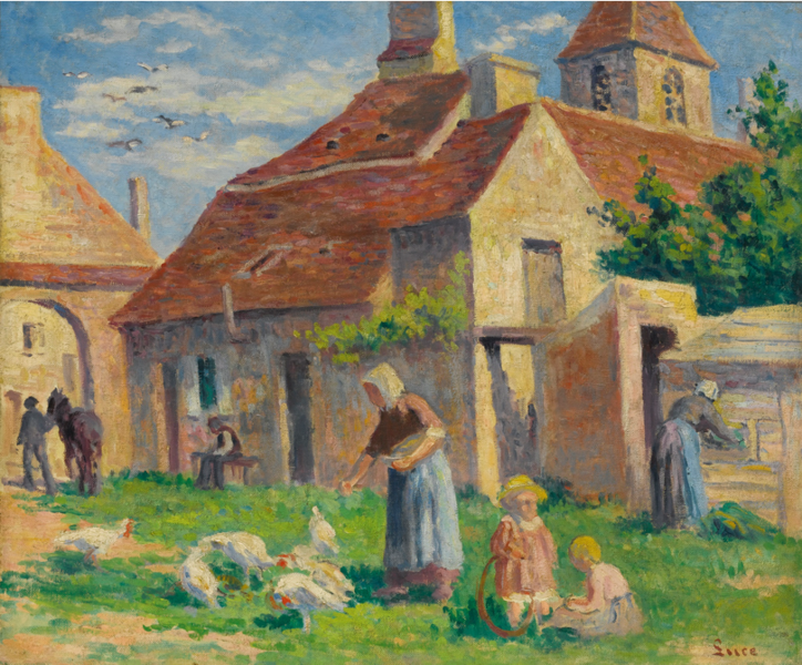 "Bessy-sur-Cure, La Provende des Poules" by Maximilien Luce (1907), depicting a peaceful rural village scene. Women and children feed chickens in a grassy courtyard, with stone houses, red-tiled roofs, and church towers in the background. A man leads a horse through an archway on the left, while birds fly across a bright blue sky. The painting features warm sunlight, vibrant colors, and loose Post-Impressionist brushwork.