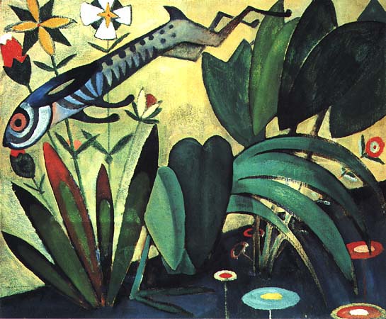 The Leap of the Rabbit (1911) by Amadeo de Souza Cardoso, featuring a surreal rabbit jumping across a flat, decorative landscape of stylized plants and flowers, with bold greens, reds, and yellows in a modernist, abstract composition.