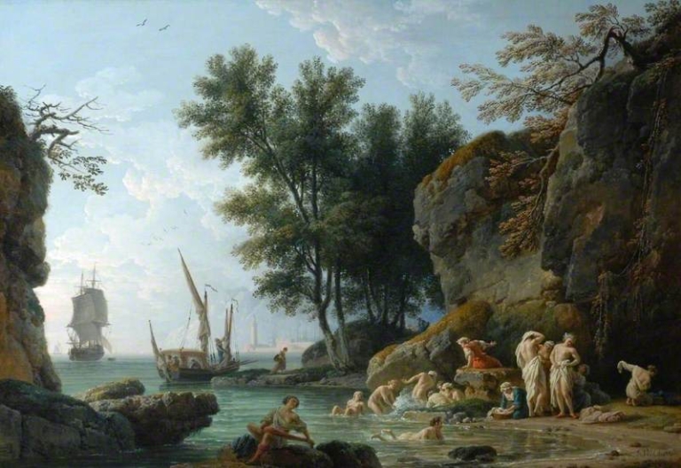 Painting "Nymphs Bathing, the Time is the Morning" (1771) by Joseph Vernet. A serene coastal scene with nymphs bathing in a calm, shallow cove surrounded by rocky cliffs and trees. Sailing ships glide in the distant sea under a soft, glowing morning sky, while the foreground is filled with gracefully posed figures in white garments amid crystal-clear water and rocks.