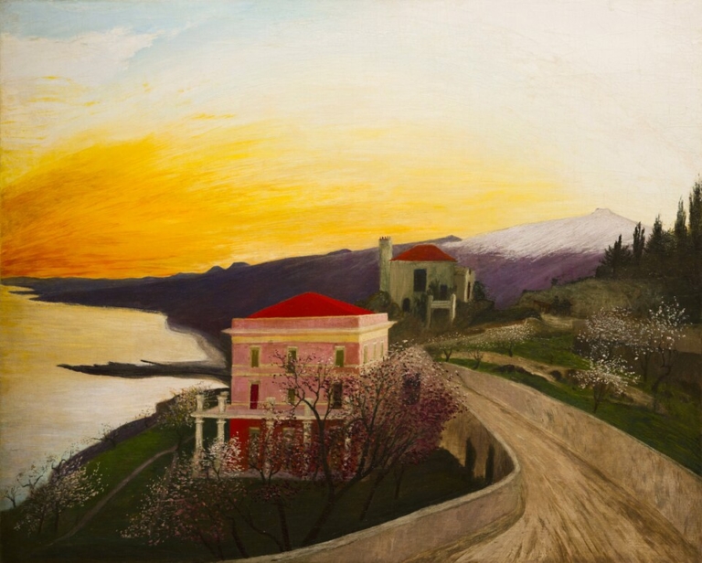 Painting "Blossoming Almonds in Taormina" by Tivadar Csontváry Kosztka. A vibrant Mediterranean landscape with a curving road leading to pink villas with red roofs, surrounded by blooming almond trees. The golden-orange sunset fills the sky, reflecting off the calm sea on the left. In the distance, Mount Etna rises with its snow-capped peak, framed by dark hills and trees.
