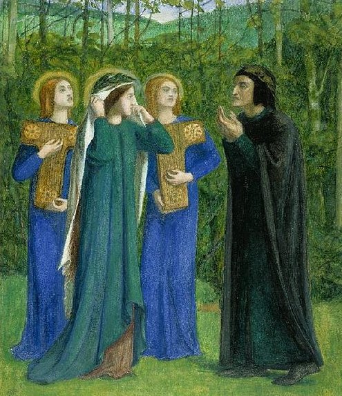 Painting "Dante and Beatrice Meeting in Purgatory" by Dante Gabriel Rossetti. In a forest clearing, Beatrice stands in a green robe with a white veil, flanked by two angels dressed in blue with golden books. Dante, robed in black, approaches with uplifted hands, gazing at Beatrice with reverence. The scene is rendered with flat medieval-inspired composition, soft natural tones, and rich symbolic detail reflecting spiritual reunion and redemption.
