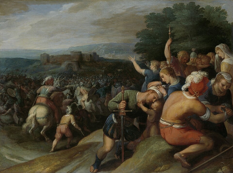 The Batavians Surround the Romans at Vetera by Otto van Veen, depicting a dramatic battle scene with Batavian warriors attacking a Roman fortress, emotional foreground figures grieving, and dense ranks of soldiers under a dark, stormy sky, blending Baroque style with Dutch nationalistic themes.