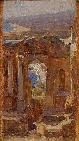"Taormina" by Frederic Leighton, showing ancient stone ruins with tall columns and a central arched opening overlooking the bright blue sea and distant Sicilian coastline. The vertical composition highlights the contrast between the weathered brown stones and the luminous Mediterranean light, evoking the timeless beauty of classical architecture and landscape.