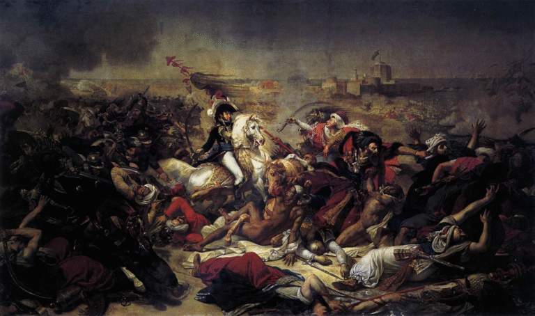 Painting "The Battle of Abukir" (1806) by Antoine-Jean Gros. A dramatic battle scene with General Murat on a rearing white horse at the center, leading French troops against Ottoman forces. The foreground shows fallen soldiers, scattered weapons, and desperate Ottoman figures in vibrant, exotic clothing. Smoke, ships, and fortifications fill the hazy background under a stormy sky.
