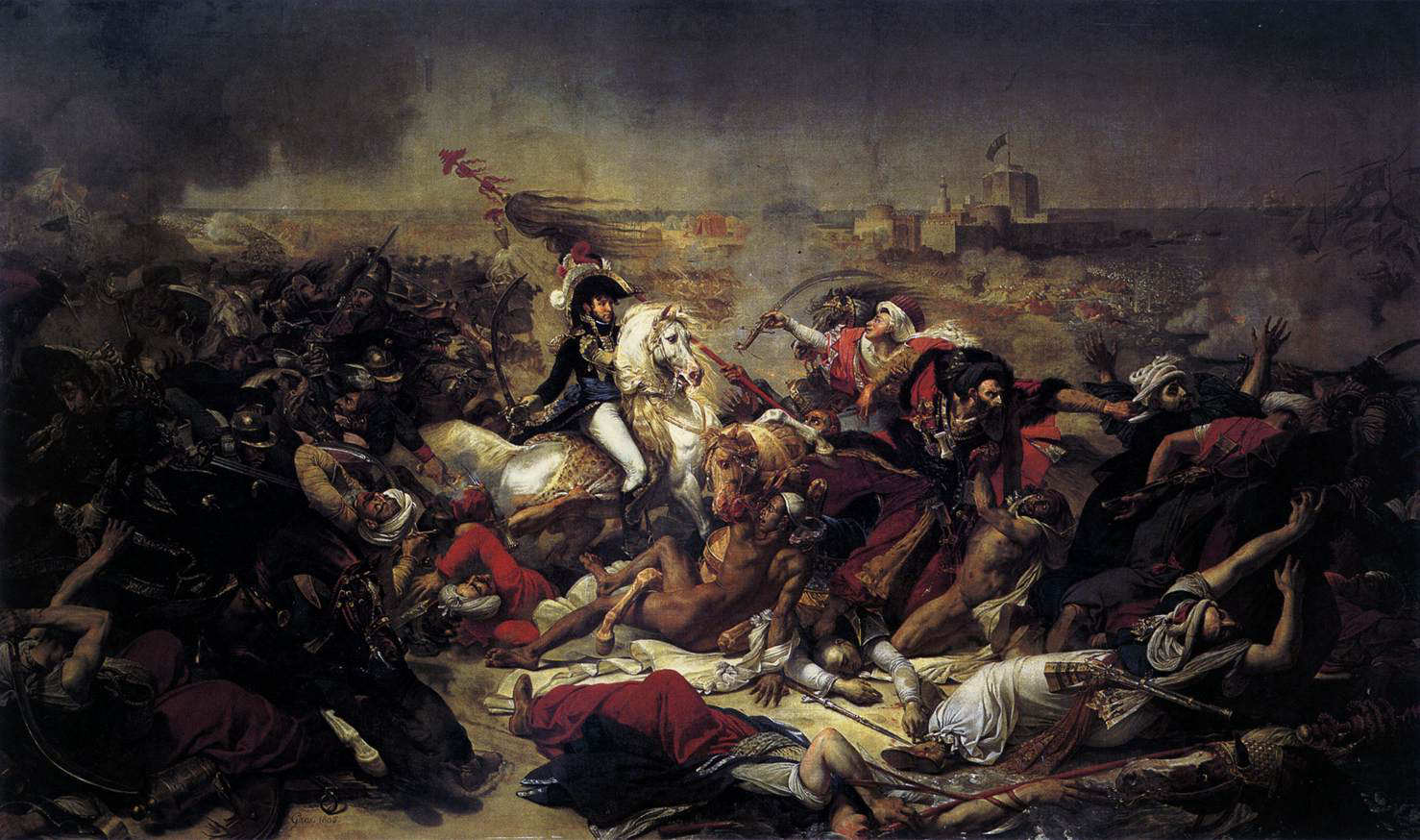 Painting "The Battle of Abukir" (1806) by Antoine-Jean Gros. A dramatic battle scene with General Murat on a rearing white horse at the center, leading French troops against Ottoman forces. The foreground shows fallen soldiers, scattered weapons, and desperate Ottoman figures in vibrant, exotic clothing. Smoke, ships, and fortifications fill the hazy background under a stormy sky.