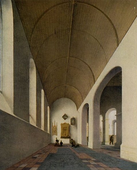 "Interior of the Janskerk in Utrecht by Pieter Jansz. Saenredam, showing a serene Dutch Reformed church interior with tall arched windows, vaulted wooden ceiling, whitewashed walls, tiled floor, and small figures in quiet contemplation, painted with precise perspective and soft natural light."