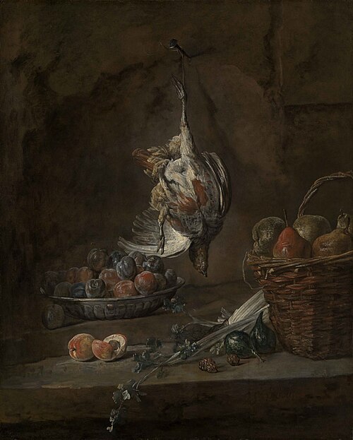 Still Life with Dead Pheasant by Jean-Baptiste-Siméon Chardin, showing a dead pheasant hanging upside down beside a metal bowl of plums, sliced peaches, and a woven basket of pears and apples, with soft lighting, rich textures, and earthy tones emphasizing mortality and quiet beauty