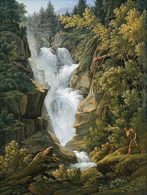 Waterfall in the Bern Highlands (1796) by Joseph Anton Koch, depicting a dramatic Alpine waterfall cascading between steep rocky cliffs surrounded by dense green forests, with a small lone figure observing the scene, highlighting Romantic themes of nature’s sublime power and human insignificance.
