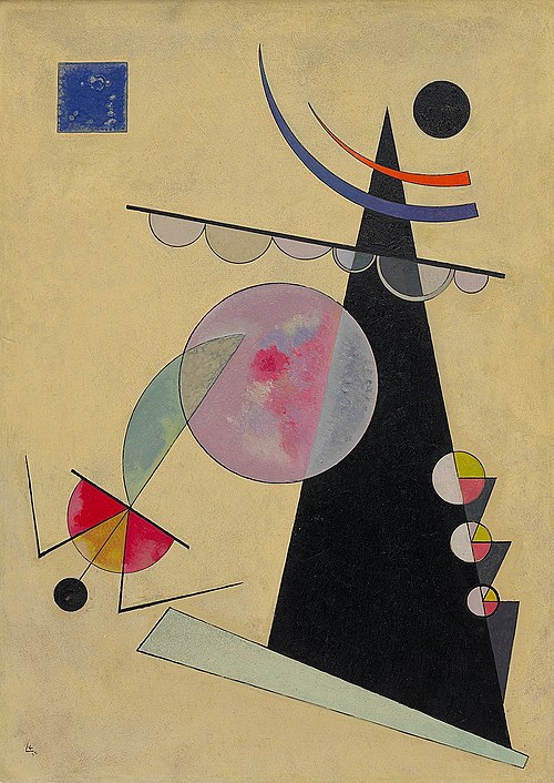 Bright Unity (1925) by Wassily Kandinsky, featuring an abstract composition of geometric shapes including a large black triangle, translucent pink circle, colorful arcs, and small circles arranged on a beige background, reflecting Bauhaus-era geometric abstraction and spiritual harmony.