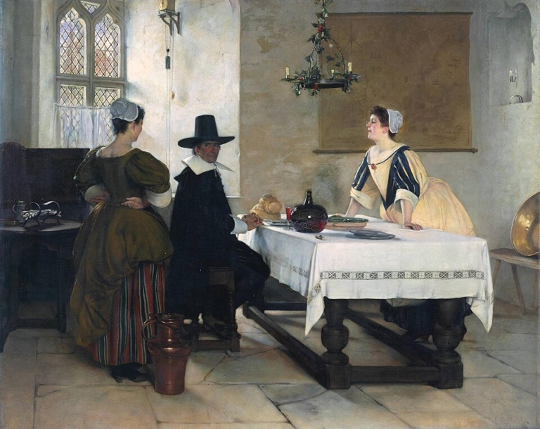 Painting "Between Two Fires" by Francis Davis Millet. A Puritan man sits at a table inside a 17th-century interior, flanked by two women. One woman stands on the left with hands clasped behind her back in a reserved pose, while the other leans forward across the table, appearing engaged and animated. Sunlight streams through leaded glass windows, softly illuminating the simple stone floor, wooden furniture, and detailed period costumes.