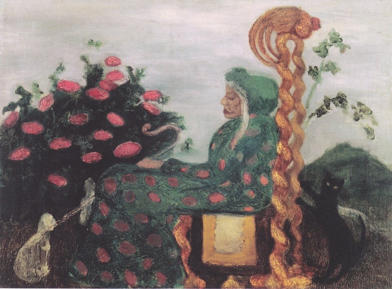 Painting "The Fairytale Witch II" by Paula Modersohn-Becker, depicting an elderly woman in a green patterned dress with a long golden braid, seated on an ornate chair beside blooming red flowers, with a chained goat and a black cat, rendered in symbolic, expressionist style with earthy tones.