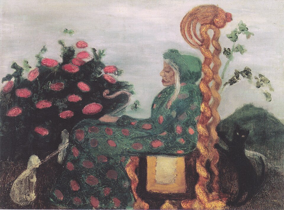 Painting "The Fairytale Witch II" by Paula Modersohn-Becker, depicting an elderly woman in a green patterned dress with a long golden braid, seated on an ornate chair beside blooming red flowers, with a chained goat and a black cat, rendered in symbolic, expressionist style with earthy tones.