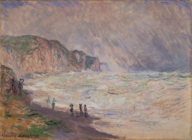 Painting "Heavy Sea at Pourville" (1897) by Claude Monet. A stormy seascape with rough waves crashing onto a beach, small figures walking along the shoreline, and steep cliffs on the left. The sky is filled with dramatic clouds and streaks of rain, capturing the movement and light of an approaching storm.