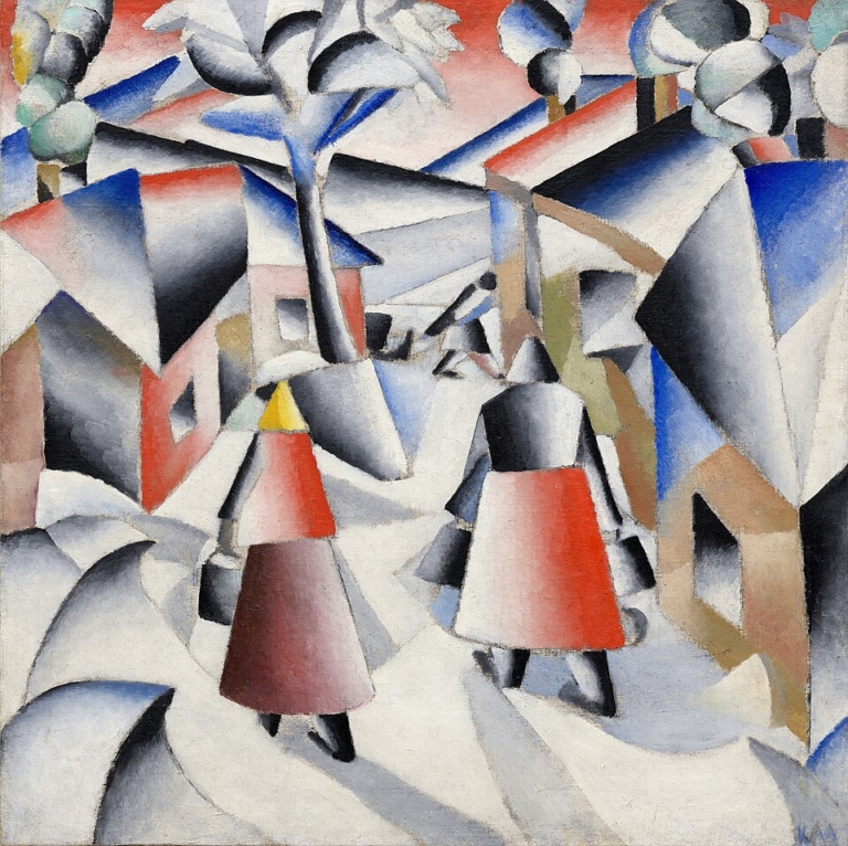 Morning in the Village after Snowstorm (1912) by Kazimir Malevich, depicting an abstract Russian village scene with geometric houses, stylized trees, and two peasant women walking through snow, using Cubo-Futurist forms and bold colors of red, blue, black, and white.