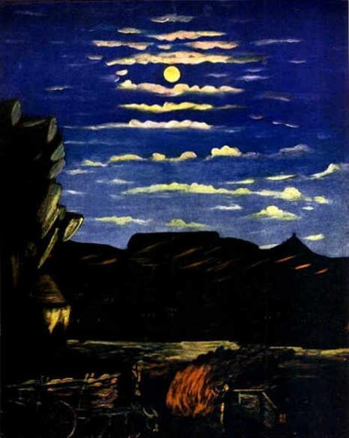 Mountain at Night by Niko Pirosmani, depicting a dark mountain silhouette under a deep blue night sky with a glowing full moon and scattered yellow clouds, featuring simple forms, strong contrasts, and a peaceful, poetic atmosphere characteristic of Pirosmani's naïve art style.