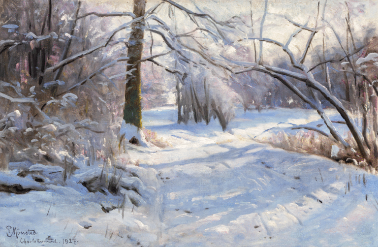 Painting "Winter Day in Charlottenlund Forest" (1927) by Peder Mørk Mønsted. A serene snowy forest scene with sunlight filtering through bare trees. Snow-covered branches arch gracefully, casting soft shadows on the white ground, while a narrow path with faint footprints leads into the distance, capturing the peaceful stillness of a winter morning.