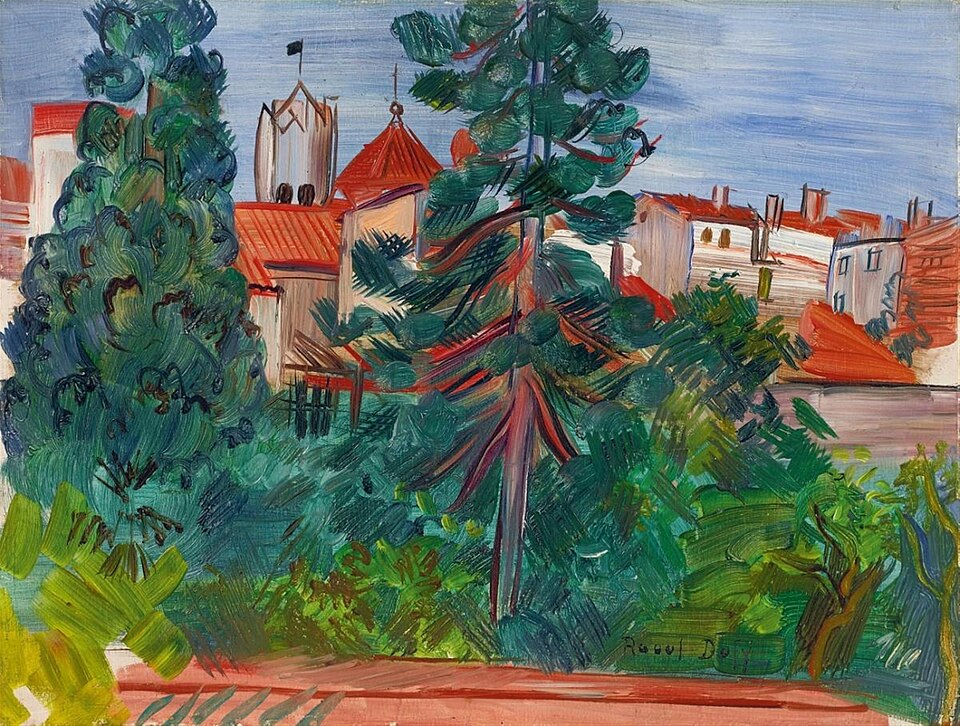 Raoul Dufy’s painting "The Village of Céret" depicts lush green trees, tall pines, and dense foliage in the foreground, with red-tiled rooftops and white village buildings set against a bright blue sky, painted in bold Fauvist colors and expressive brushstrokes.