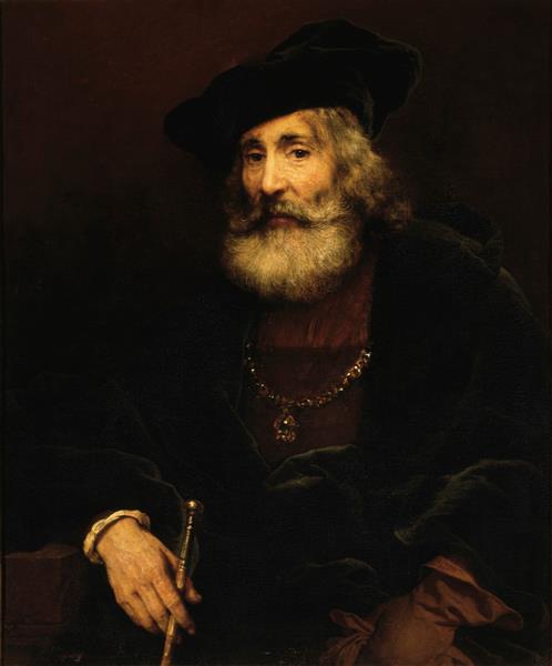 Painting "Seated Old Man with a Cane in Fanciful Costume" (1645) by Rembrandt. An elderly man with a long white beard sits against a dark background, wearing a rich velvet robe, a gold chain, and a black hat. Soft light illuminates his thoughtful face and hands as he holds a cane, capturing a mood of quiet dignity and introspection.
