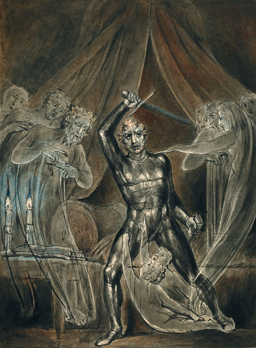 Painting "Richard III and the Ghosts" (c. 1806) by William Blake. A muscular Richard III stands center stage, raising a sword in terror as ghostly figures surround him in accusation. Pale, transparent specters point and gesture toward the king, while two candles burn beside a draped bed. The scene unfolds in a dim, claustrophobic chamber filled with spiritual tension and psychological dread.
