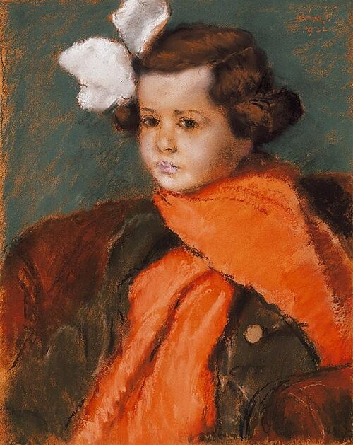 Painting "Little Girl with Red Scarf" by József Rippl-Rónai. A young girl with soft brown hair sits against a muted greenish-blue background, wearing a large red scarf wrapped around her neck and a white bow in her hair. Her softly modeled face has a contemplative, gentle expression, with simplified forms and smooth pastel textures creating a tender, intimate mood.