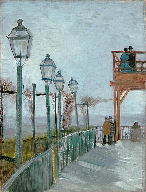 Painting "Terrace and Observation Deck at the Moulin de Blute-Fin" (1887) by Vincent van Gogh, showing a Parisian terrace with street lamps, a curved railing, bare trees, distant figures walking, and two people standing on a wooden observation deck under a pale blue sky.