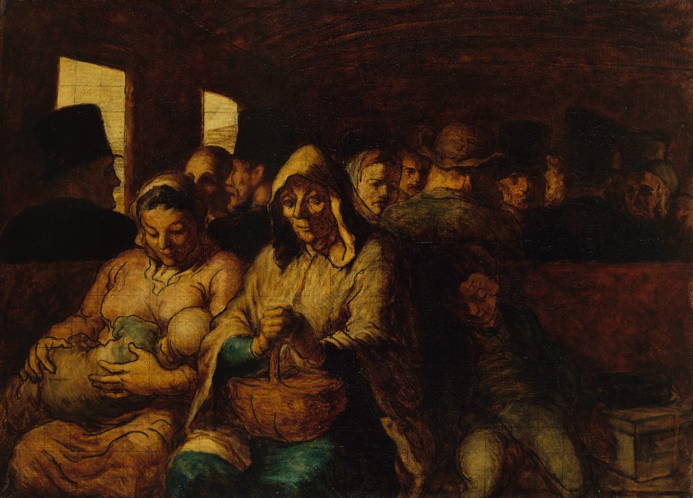 "The Third-Class Carriage" by Honoré Daumier depicts a crowded 19th-century railway compartment filled with working-class passengers. In the foreground, a mother nurses her baby, an elderly woman holds a basket, and a young boy sleeps slumped on the bench. The dimly lit interior contrasts with soft light from small train windows, highlighting the figures' weariness and quiet dignity amid industrial-era travel.