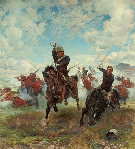 Painting "Floreat Etona!" by Elizabeth Thompson, showing two British cavalry officers leading a charge on horseback during the First Boer War, with red-coated soldiers battling in the smoky background under a partly cloudy sky.