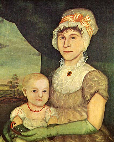 Painting "Woman and Baby Wearing Green Gloves" by Joshua Johnson. A seated woman wearing a gray dress, lace collar, and bonnet with red-and-white ribbon holds a baby dressed in white with a coral necklace. The woman’s bright green gloves draw attention to her arms encircling the child. A small window shows a simple landscape, adding depth to the intimate 18th-century portrait.