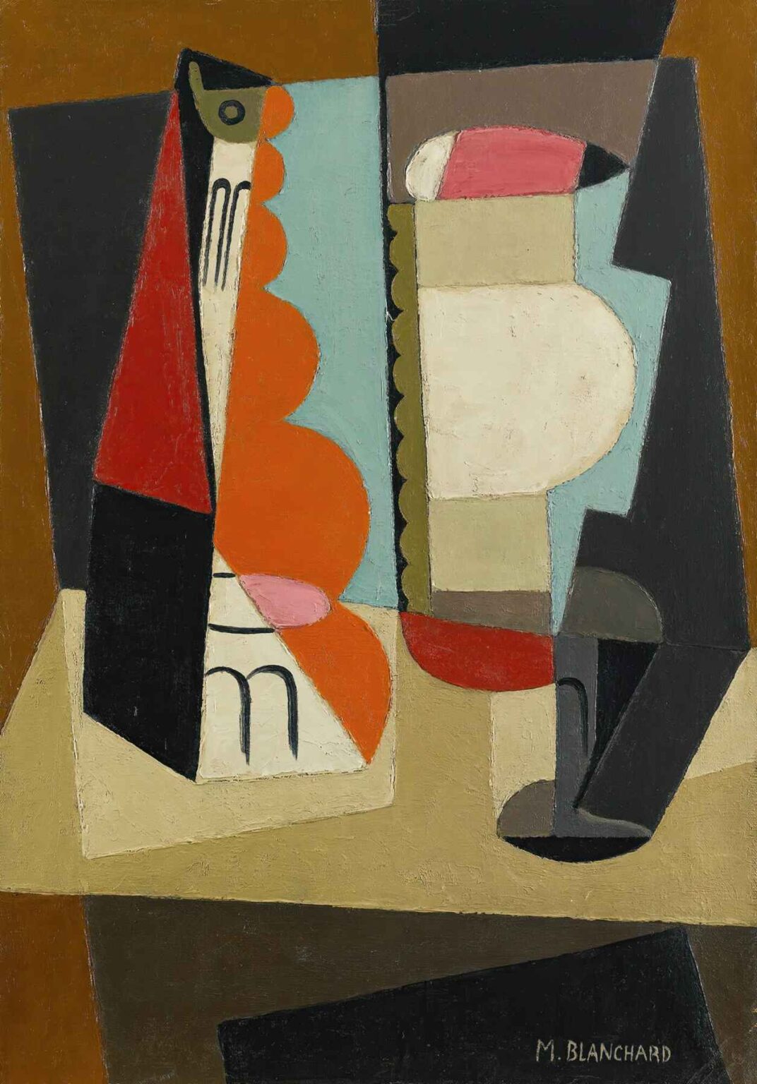 A Cubist painting by María Blanchard featuring abstract geometric shapes in red, black, beige, and blue tones, suggesting a still life scene in flat planes.