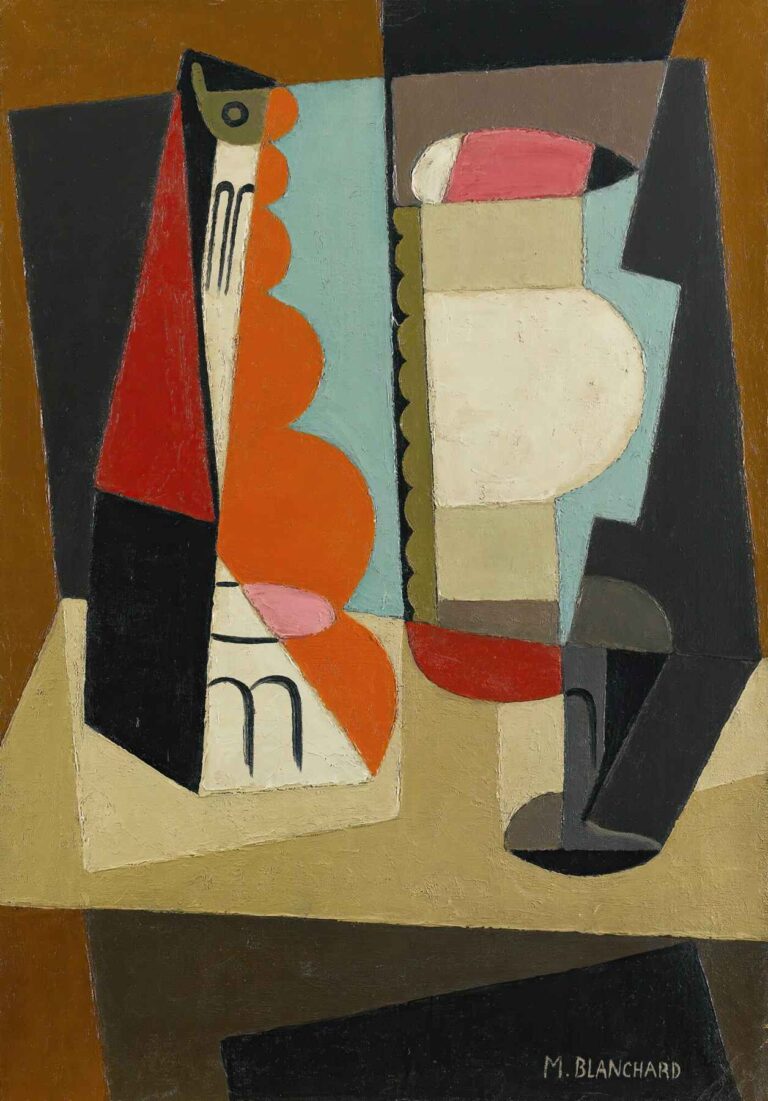 A Cubist painting by María Blanchard featuring abstract geometric shapes in red, black, beige, and blue tones, suggesting a still life scene in flat planes.