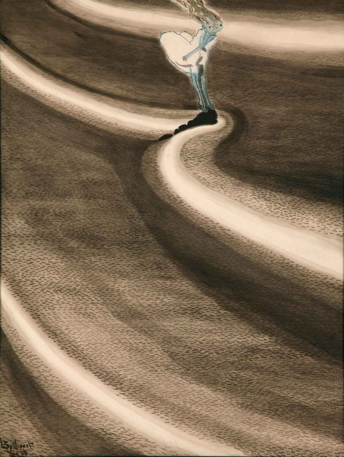Léon Spilliaert’s Little Girls in Front of the Wave (1908), a surreal and minimalist ink painting showing a solitary girl standing against swirling, wave-like patterns in a dreamlike seascape.
