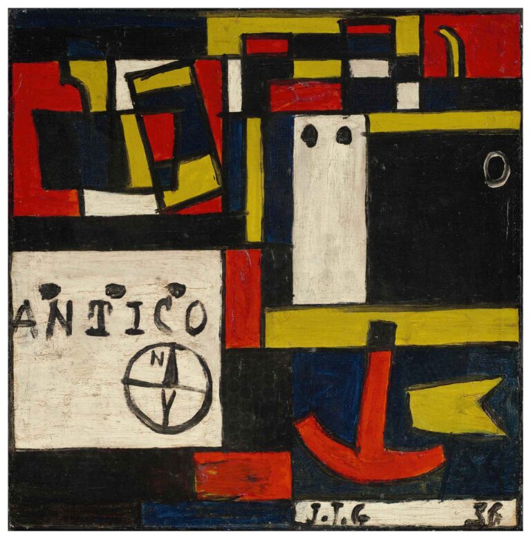 Abstract geometric painting with intersecting red, yellow, blue, black, and white rectangles forming a grid, featuring a compass rose, the inscription “ANTICO,” and an anchor-shaped red form.