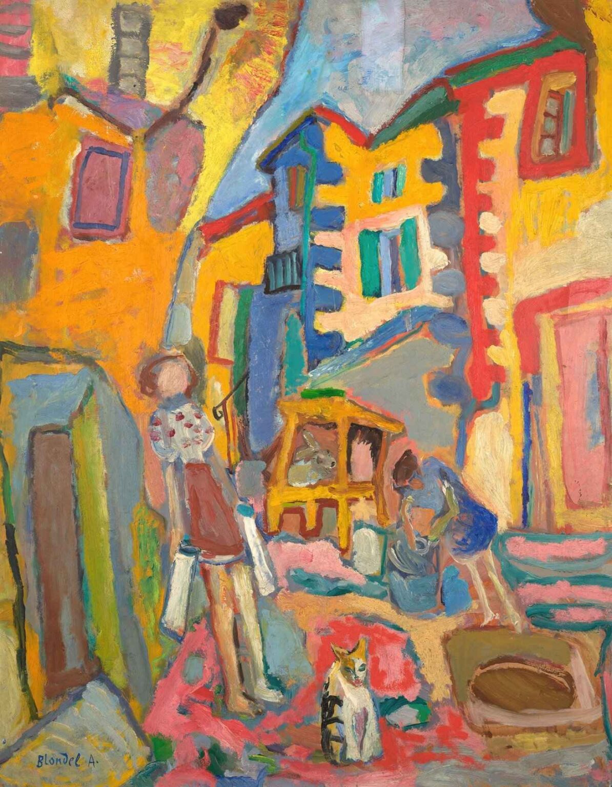 Village Back-Street by Sasza Blonder, a colorful modernist painting of distorted village houses, two abstract female figures, and a cat in a lively street scene, rendered in bold yellows, reds, blues, and pinks.