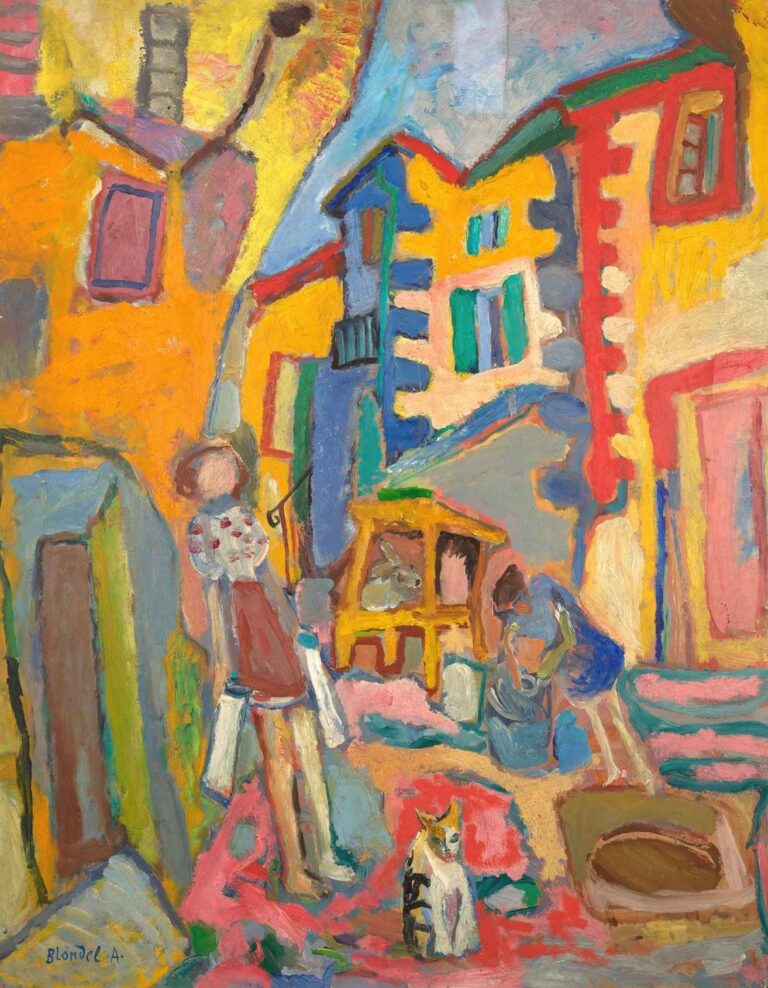 Village Back-Street by Sasza Blonder, a colorful modernist painting of distorted village houses, two abstract female figures, and a cat in a lively street scene, rendered in bold yellows, reds, blues, and pinks.