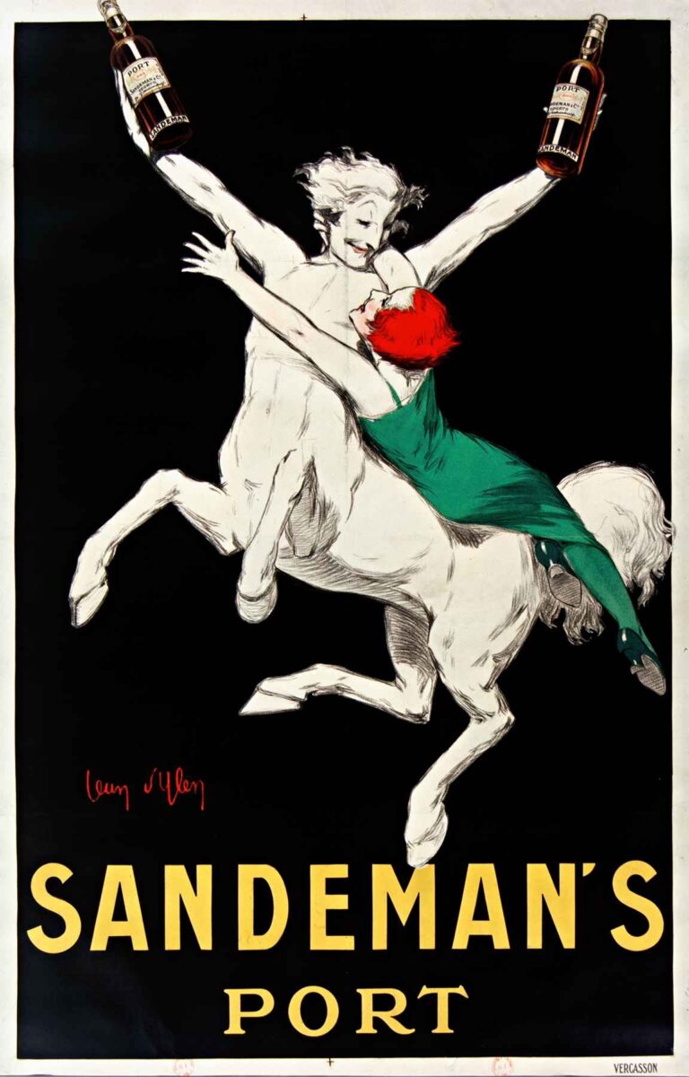 Art Deco poster: a white centaur rearing on its hind legs holds two bottles of port aloft, while a red-haired woman in a green dress clings to its back, with bold yellow “SANDEMAN’S PORT” text beneath.