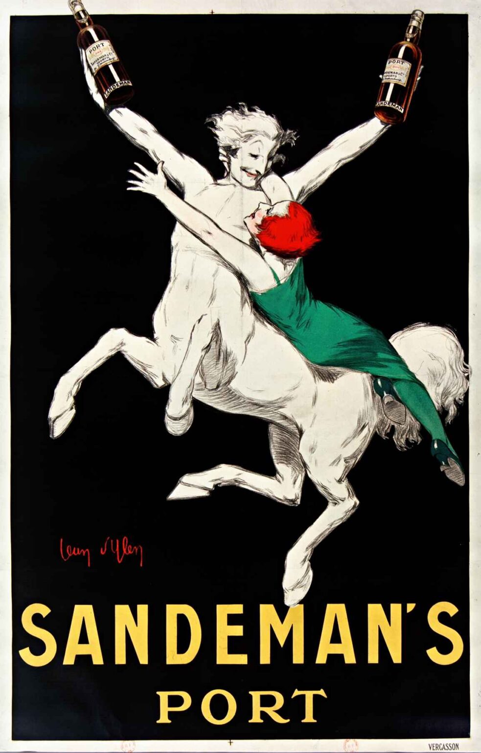 Art Deco poster: a white centaur rearing on its hind legs holds two bottles of port aloft, while a red-haired woman in a green dress clings to its back, with bold yellow “SANDEMAN’S PORT” text beneath.